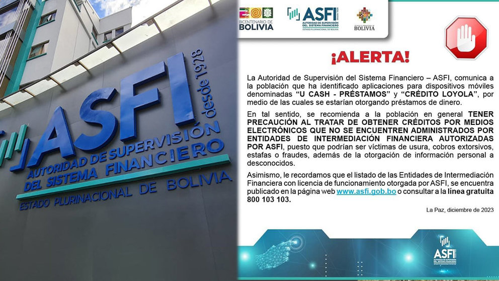 ASFI alerta sobre actividad de préstamos de aplicaciones móviles “U Cash – Préstamos” y “Crédito Loyola”