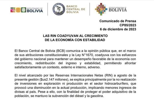 BCB reporta disminución de las reservas internacionales a $us 2.147 millones hasta agosto